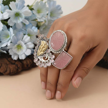 Light Pink Color Dual Tone Oxidised Rings Combining Delicate Feminine Tones With Traditional Oxidised Detailing