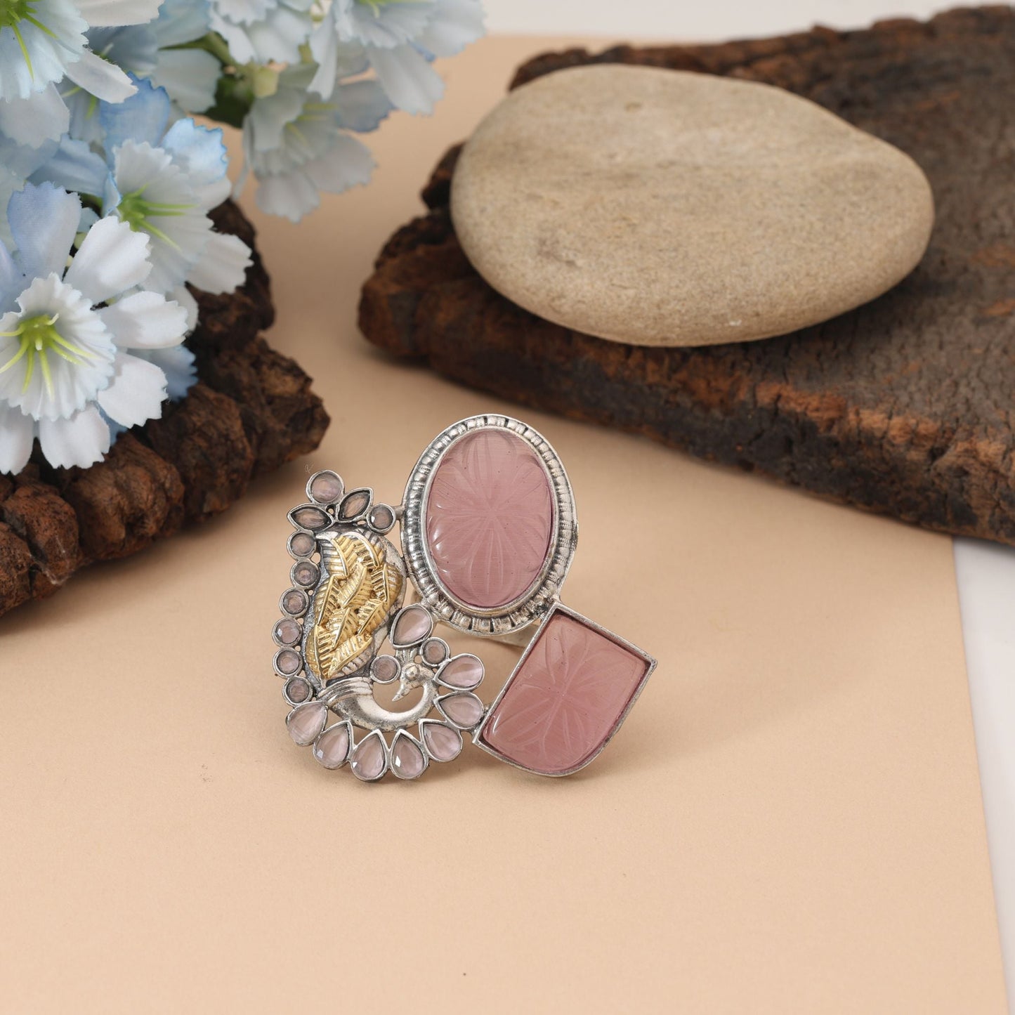 Light Pink Color Dual Tone Oxidised Rings Combining Delicate Feminine Tones With Traditional Oxidised Detailing