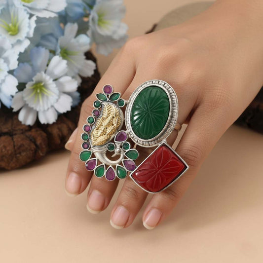 Maroon & Green Color Dual Tone Oxidised Rings Blending Festive Tones With Beautifully Crafted Oxidised Patterns