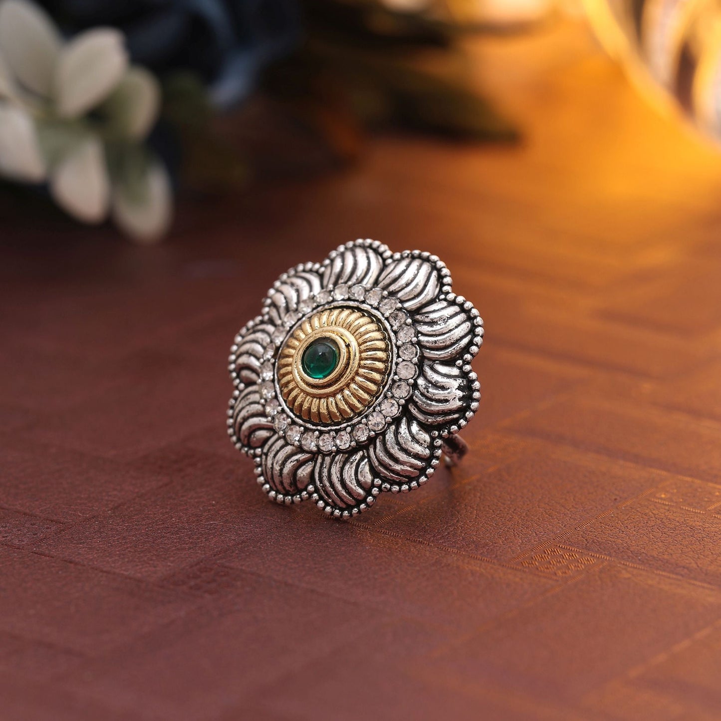 Green Color Dual Tone Oxidised Rings Featuring Handcrafted Traditional Antique Finish