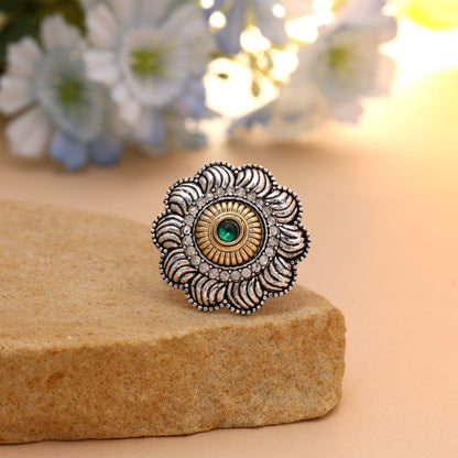 Green Color Dual Tone Oxidised Rings Featuring Handcrafted Traditional Antique Finish