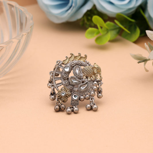 Silver & Gold Color Dual Tone Oxidised Rings Featuring Traditional Designer Fashion Style