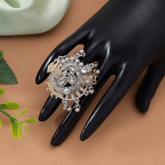 Silver & Gold Color Dual Tone Oxidised Rings Featuring Traditional Designer Fashion Style