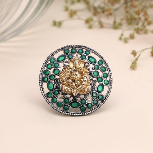 Green Color Dual Tone Oxidised Rings Featuring Premium Handmade Traditional Style