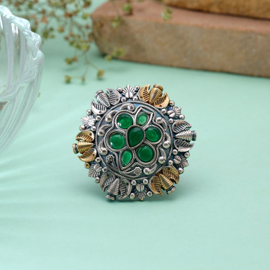 Green Color Dual Tone Oxidised Rings with Stylish Traditional Jewelry Design