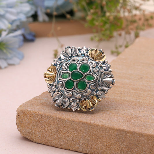 Green Color Dual Tone Oxidised Rings with Stylish Traditional Jewelry Design