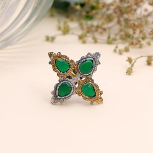 Green Color Dual Tone Oxidised Rings Featuring Elegant Festive Fashion Style