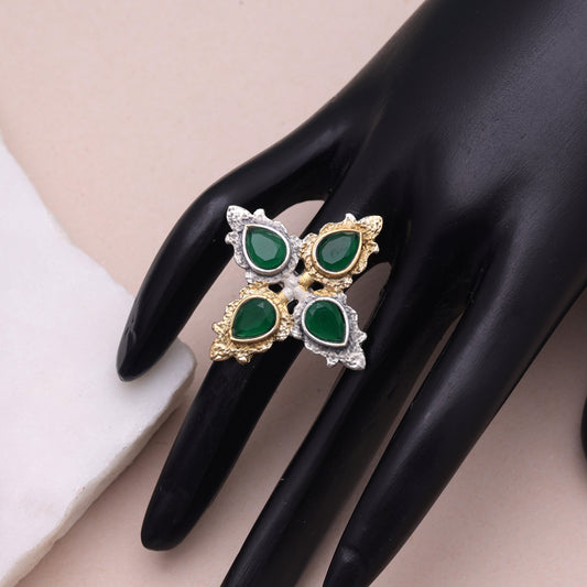 Green Color Dual Tone Oxidised Rings Featuring Elegant Festive Fashion Style
