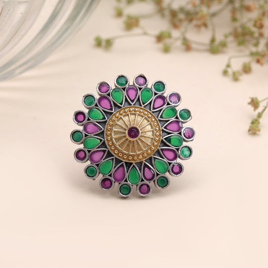 Purple & Green Color Dual Tone Oxidised Rings Featuring Elegant Ethnic Design