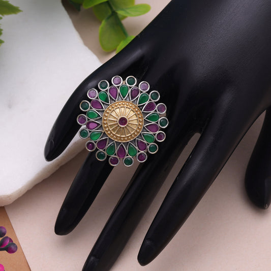 Purple & Green Color Dual Tone Oxidised Rings Featuring Elegant Ethnic Design