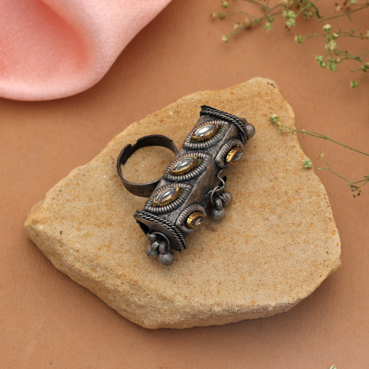 Antique Polish Silver Color Oxidised Ring Crafted For Contemporary Indo Western Styling