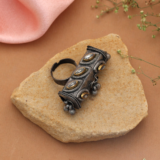 Antique Polish Silver Color Oxidised Ring Crafted For Contemporary Indo Western Styling