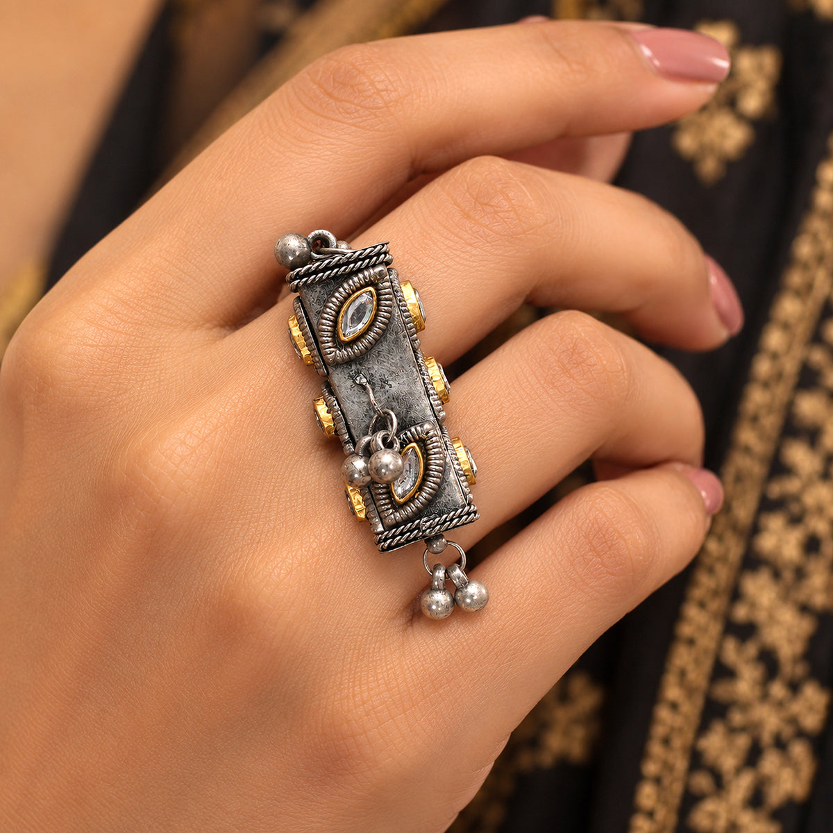 Antique Polish Silver Color Oxidised Ring Crafted For Contemporary Indo Western Styling