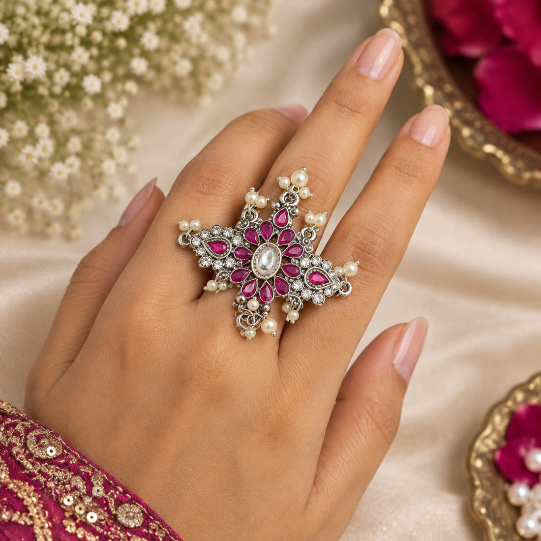 Pretty Pastel Pink Color Oxidised Ring Specially Designed For Festive Celebration Wear