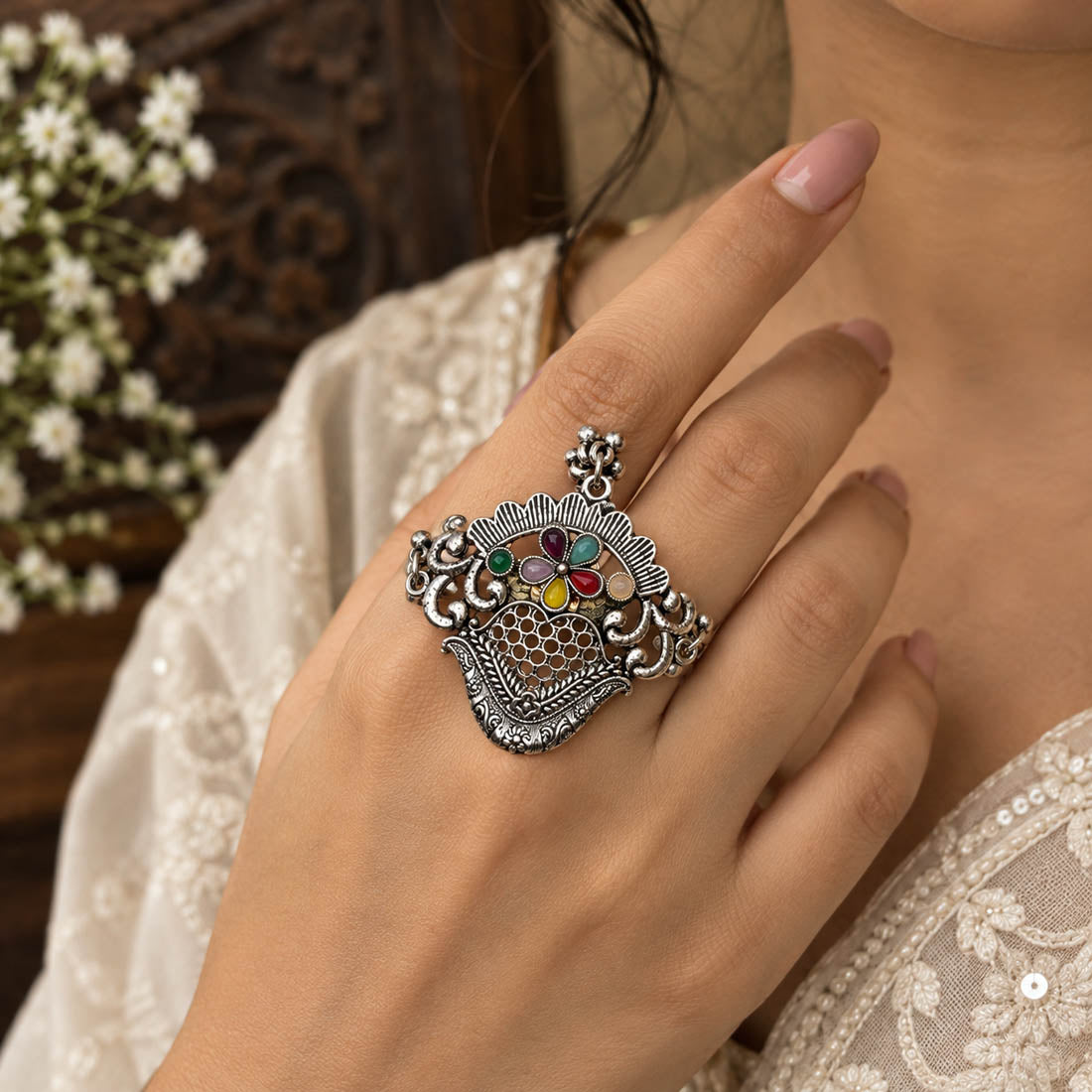 Vibrant Gemstone Multi Color Oxidised Ring Crafted For Cultural Gathering Celebrations