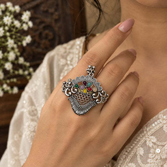 Vibrant Gemstone Multi Color Oxidised Ring Crafted For Cultural Gathering Celebrations