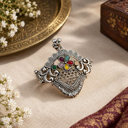 Vibrant Gemstone Multi Color Oxidised Ring Crafted For Cultural Gathering Celebrations