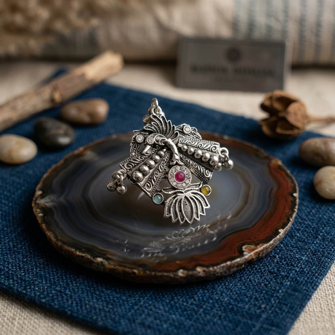 Colorfully Crafted Multi Color Oxidised Ring Specially Tailored For Garba Night Outfits