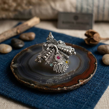 Colorfully Crafted Multi Color Oxidised Ring Specially Tailored For Garba Night Outfits