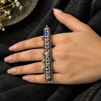 Eye Catching Multi Color Oxidised Statement Ring Ideal For Festive Celebration Wear