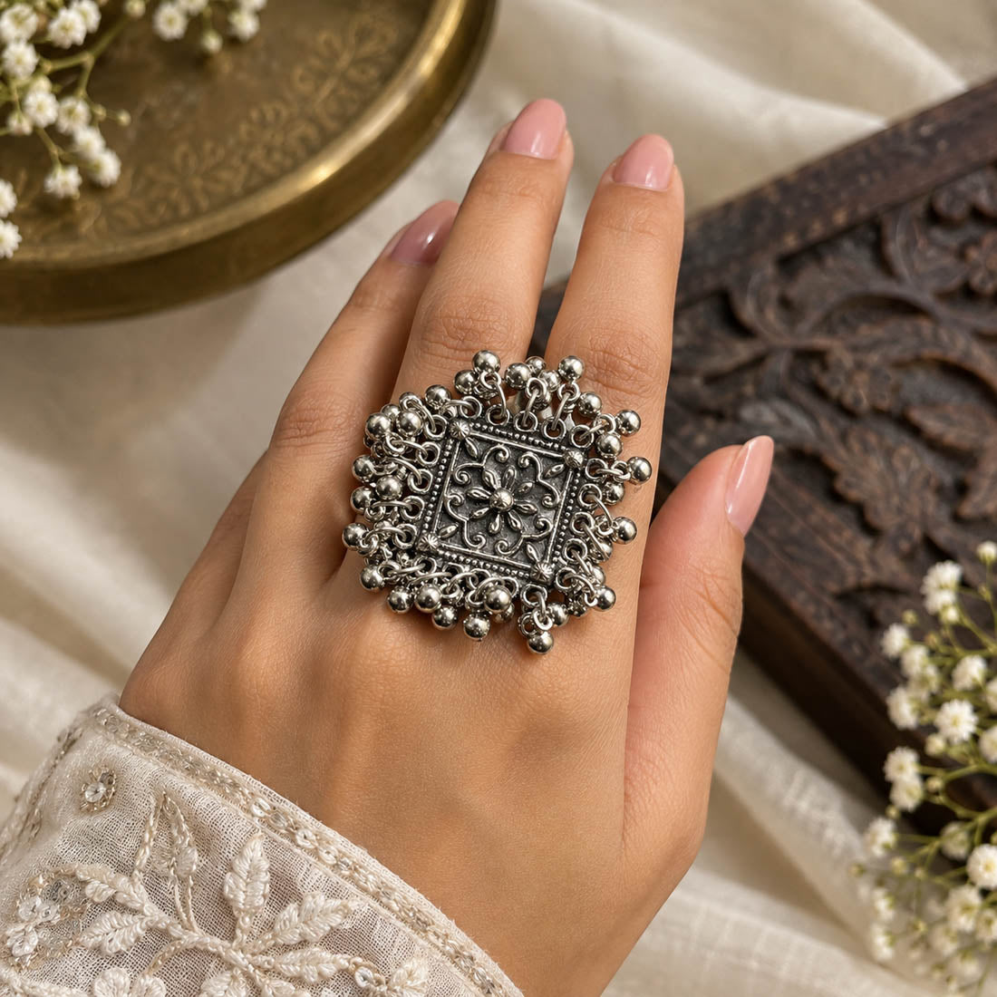 Artistic Floral Silver Color Oxidised Ring Designed For Minimalist Everyday Styling