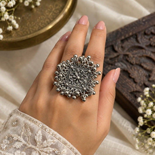 Artistic Floral Silver Color Oxidised Ring Designed For Minimalist Everyday Styling