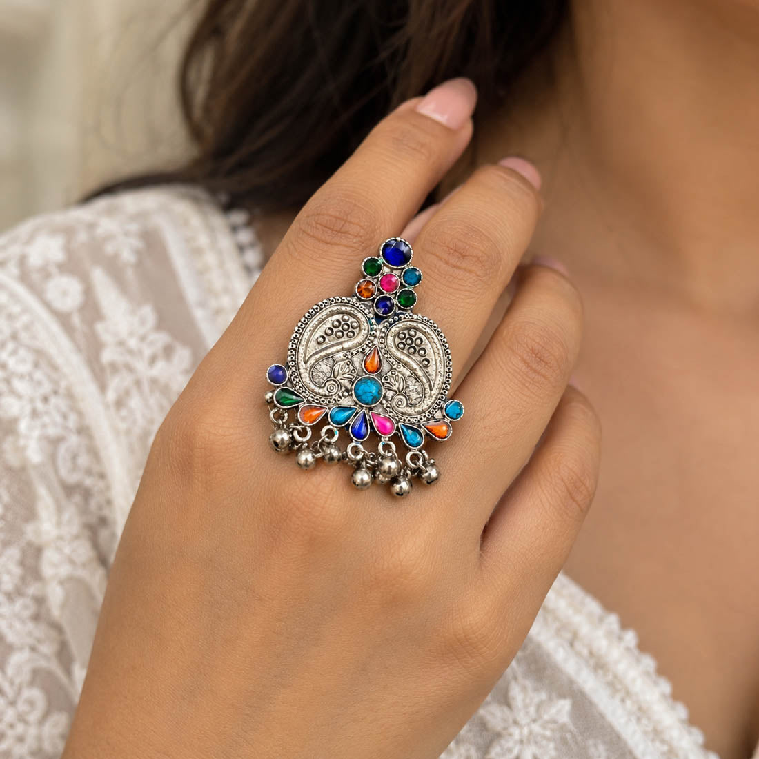 Festive Folk Multi Color Oxidised Ring Suitable For Creative Bohemian Fashion Styles