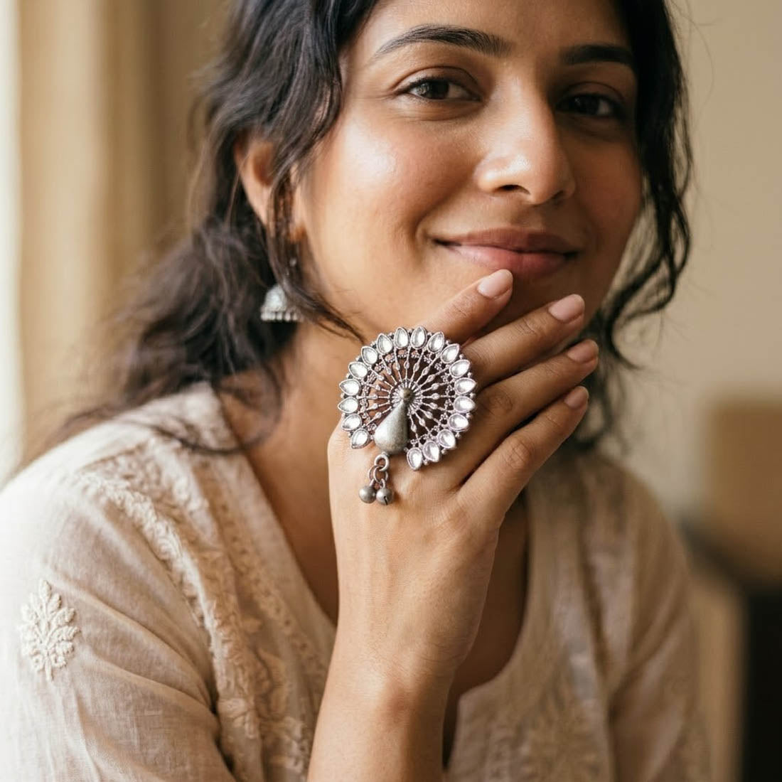 Modern Style Silver Color Oxidised Statement Ring Tailored For Fusion Fashion Attire