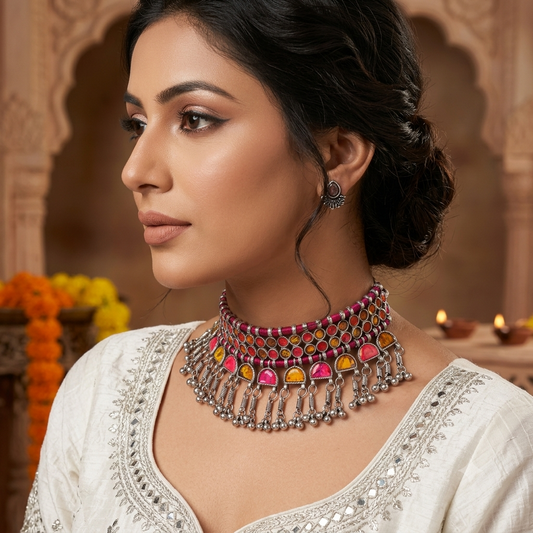Leuchtend mehrfarbiges, oxidiertes Halskettenset „Meena Work“ für lebendige ethnische Looks