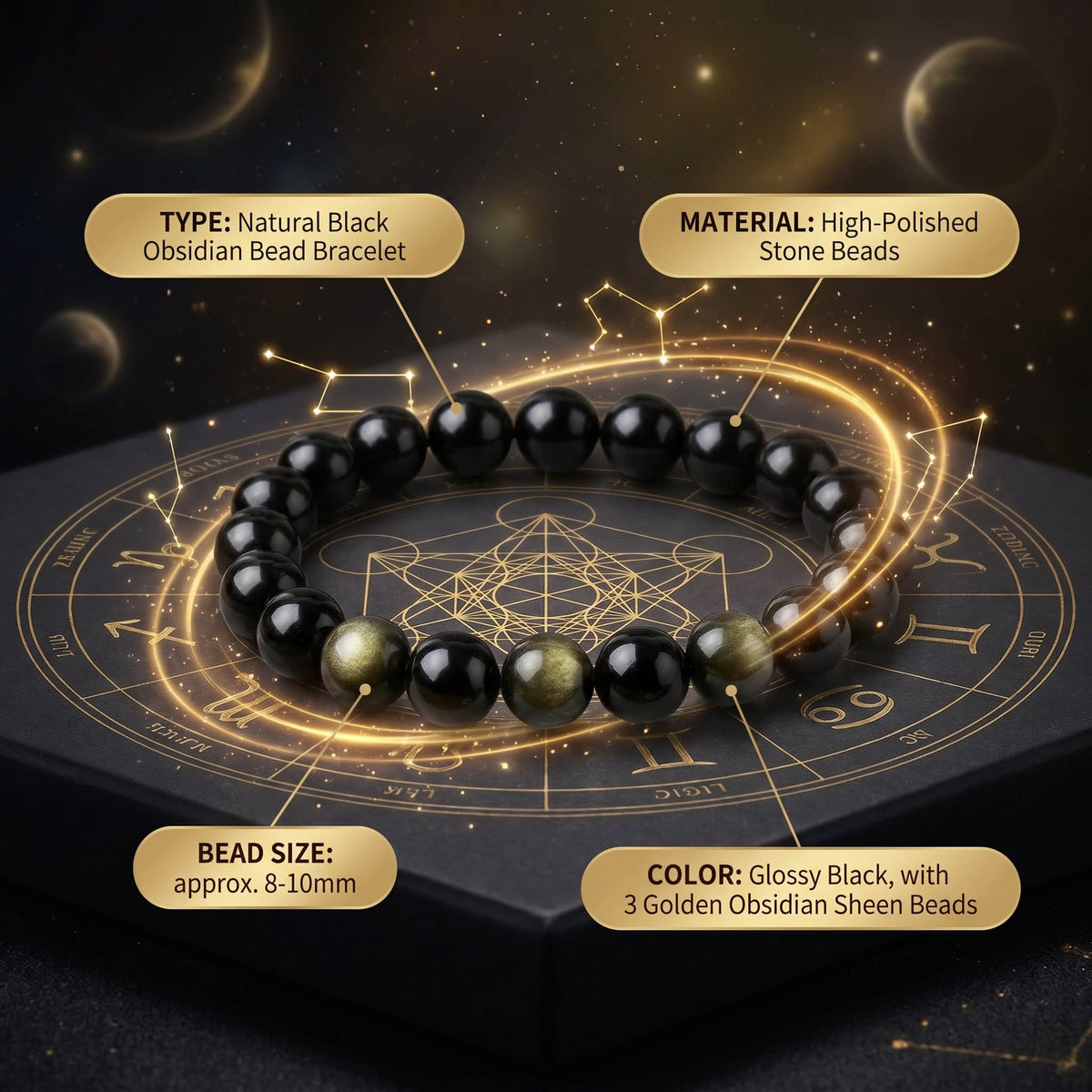 Golden Black Color Golden Obsidian Natural Stone Bracelet