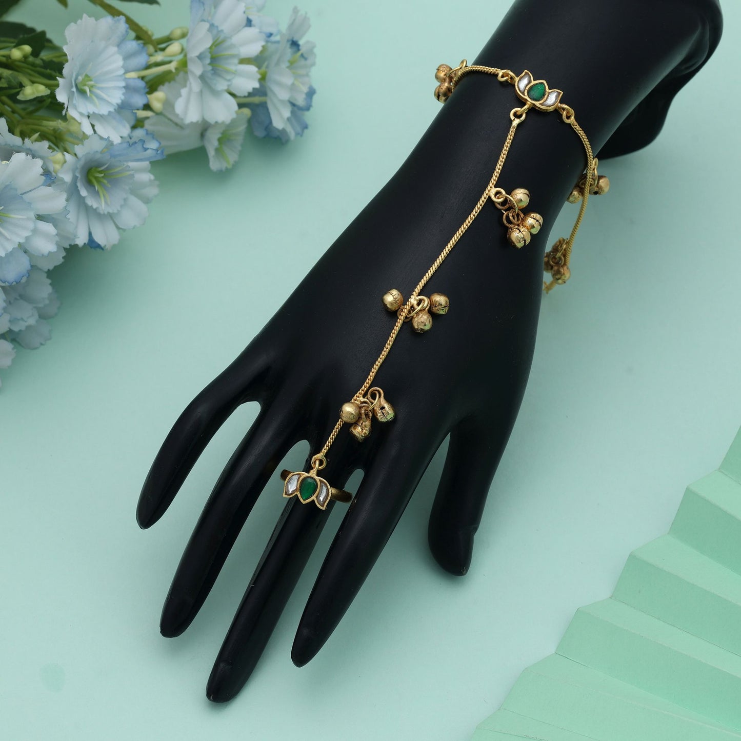 Green Color Hath Phool Elegant Traditional Hand Jewelry Indian Wedding Style