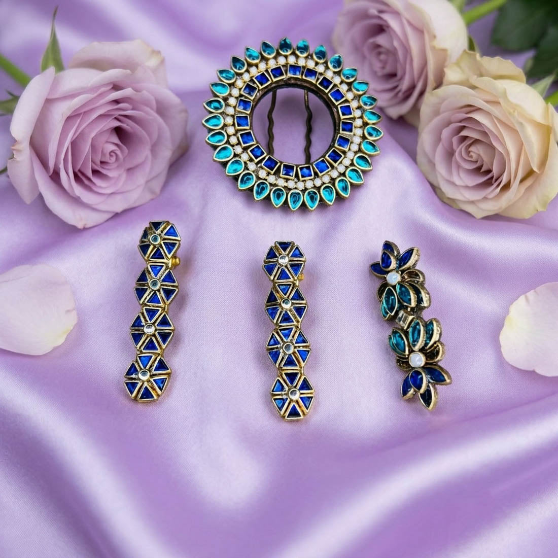 Blue & Rama Green Color 4 Pieces Combo Of Hair Accessories with Stylish Festive Appeal