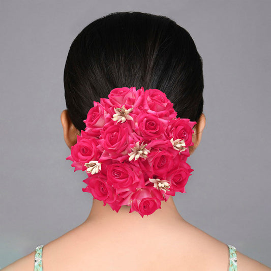 Pink Color Rose Flower Hair Juda//Bun Perfect For Wedding Look