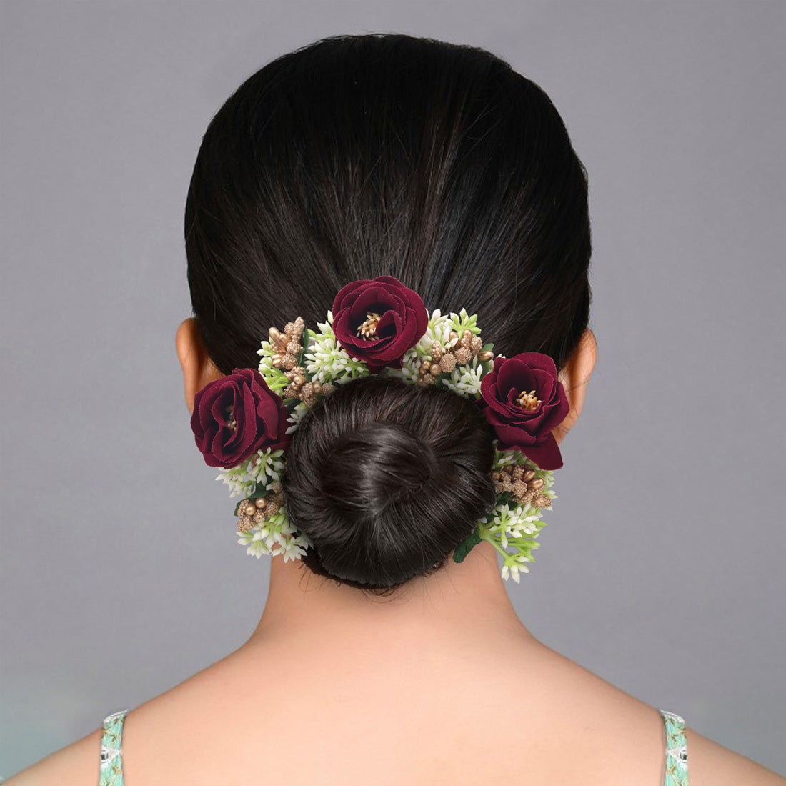 Maroon Color Rose Flower Gajra For Women Hair Pin Design