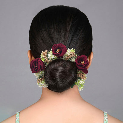 Maroon Color Rose Flower Gajra For Women Hair Pin Design