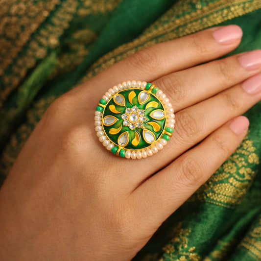 Green Color Meena Work Fashion Rings Classic Ethnic Traditional Jewelry