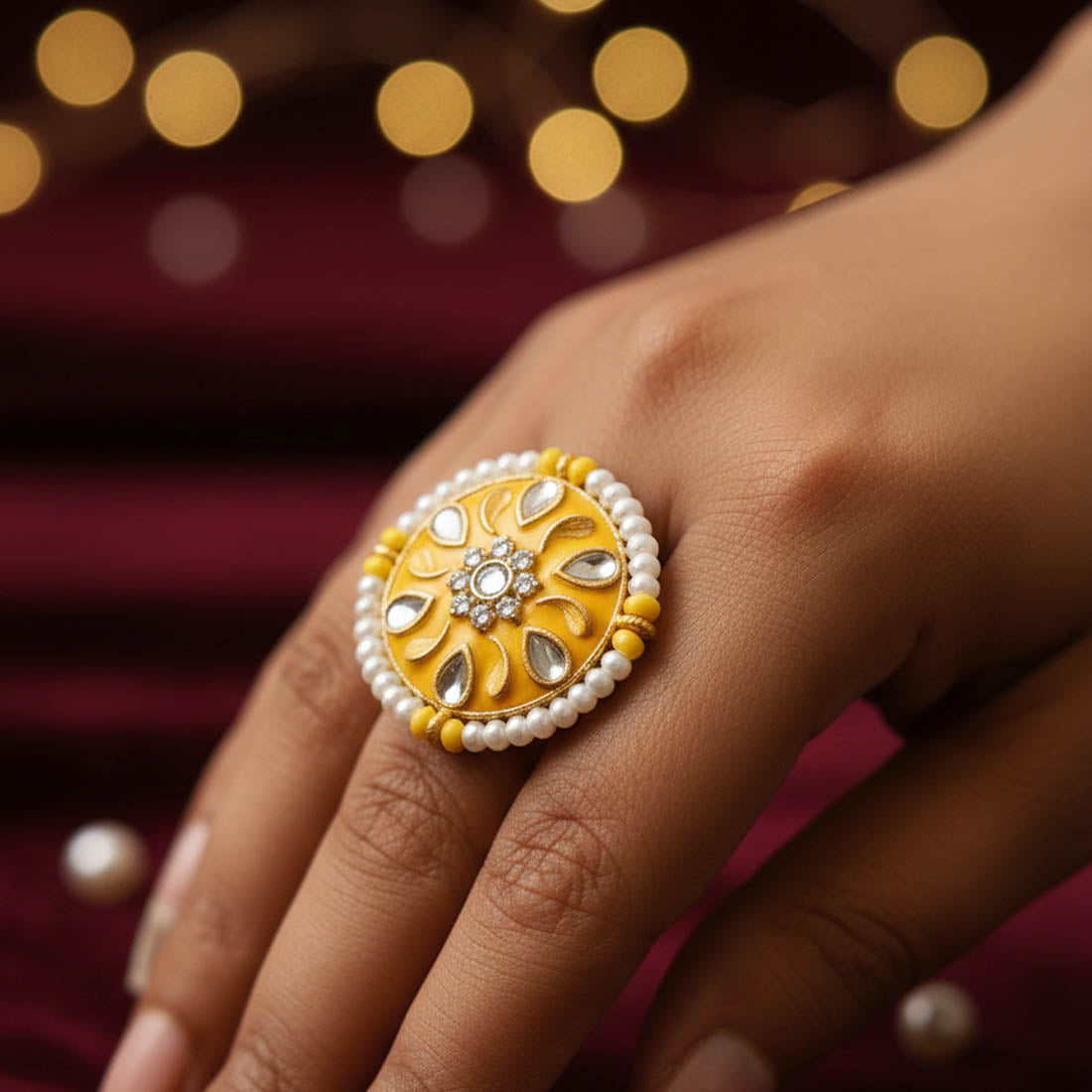 Yellow Color Meena Work Fashion Rings Bright Traditional Ethnic Jewelry Design