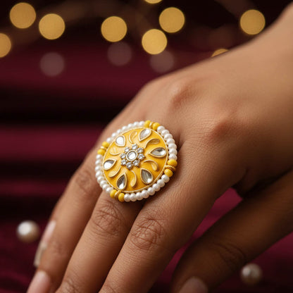 Yellow Color Meena Work Fashion Rings Bright Traditional Ethnic Jewelry Design