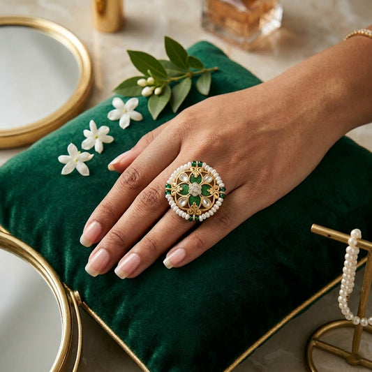 Green Color Meena Work Fashion Rings Elegant Ethnic Festive Jewelry