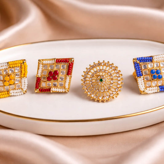 Gold Color Assorted Color Fashion Rings Combo Of 4 Pieces Elegant Designer Statement Rings Set