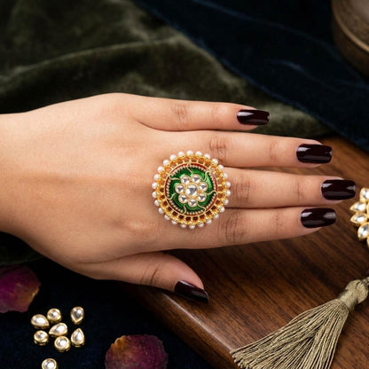 Green Color Meena Work Fashion Rings Elegant Ethnic Jewelry Design