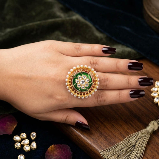 Green Color Meena Work Fashion Rings Elegant Ethnic Jewelry Design