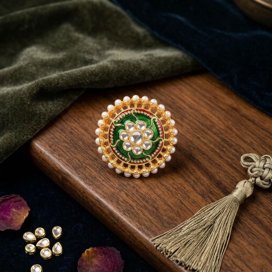 Green Color Meena Work Fashion Rings Elegant Ethnic Jewelry Design