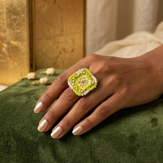 Pista Green Color Meena Work Fashion Rings Elegant Traditional Jewelry
