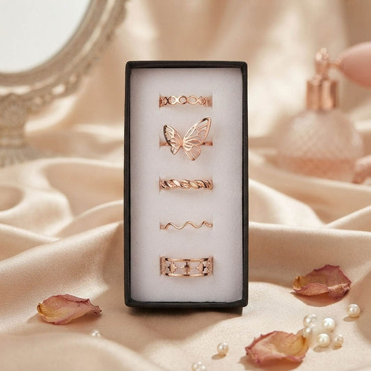 Goldfarbene, sortierte Design-Fashion-Ringe, 5er-Kombi-Set, mit Premium-Trend-Schmuckkollektion