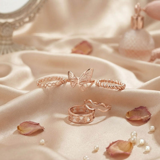 Goldfarbene, sortierte Design-Fashion-Ringe, 5er-Kombi-Set, mit Premium-Trend-Schmuckkollektion