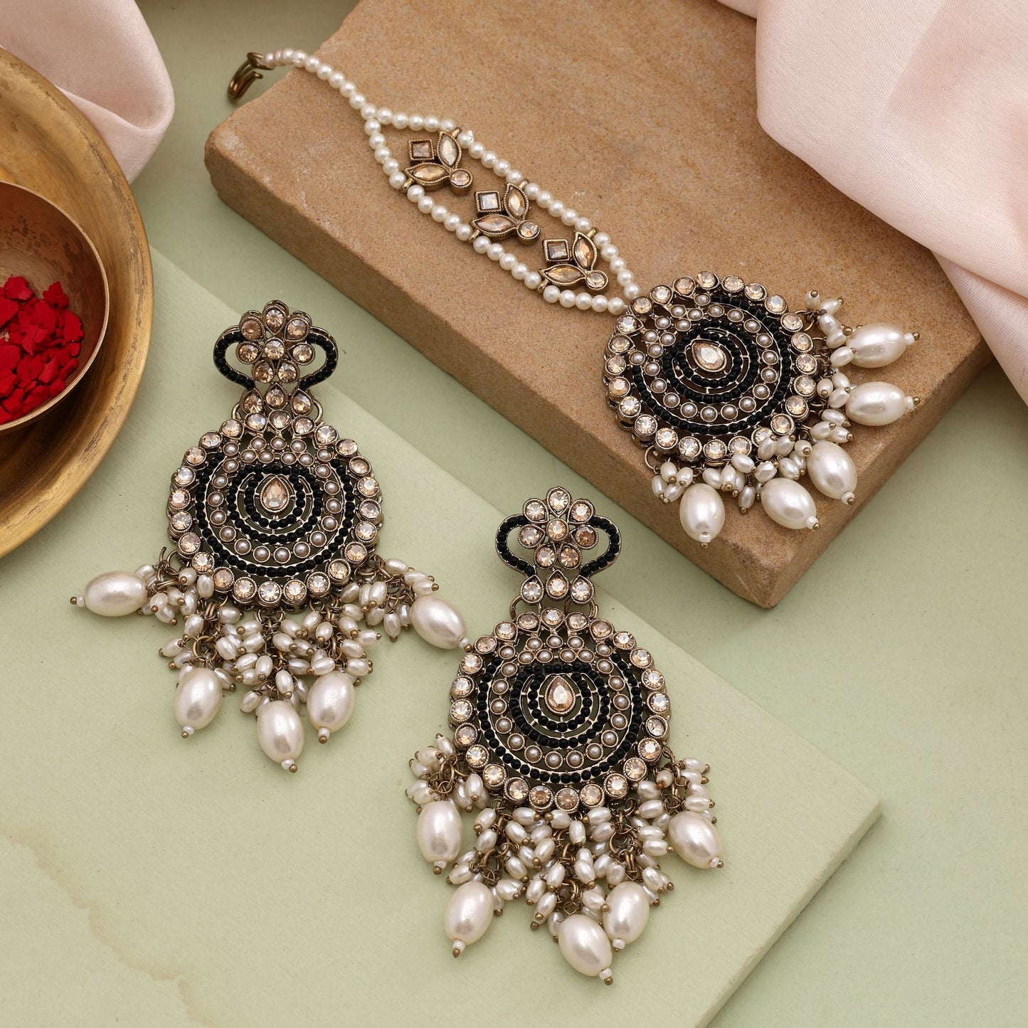 Classy Black Color Kundan Earrings Tikka Set For Party And Festive Wear