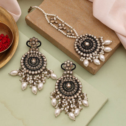 Classy Black Color Kundan Earrings Tikka Set For Party And Festive Wear