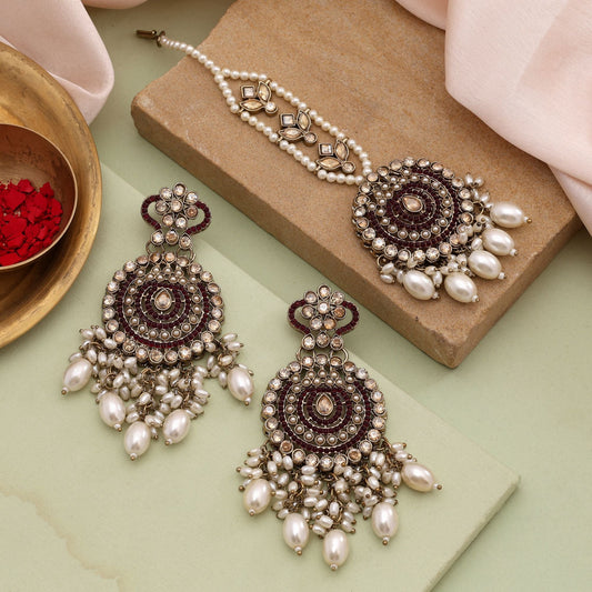 Elegant Magenta Color Kundan Earrings Tikka Set For Wedding And Festive Wear