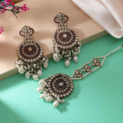 Elegant Magenta Color Kundan Earrings Tikka Set For Wedding And Festive Wear